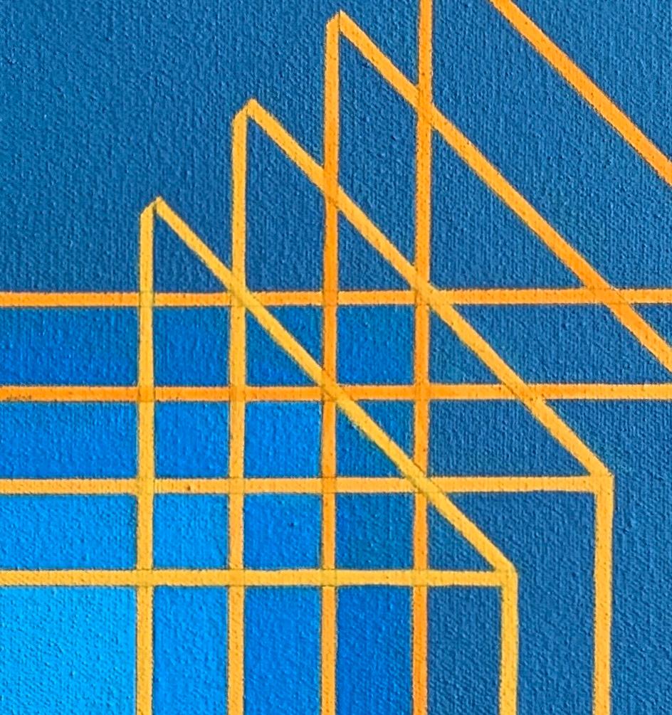 Suggested Cube #2: Geometrisches abstraktes Op-Art-Gemälde in Blau mit gelben Linien – Painting von Benjamin Weaver