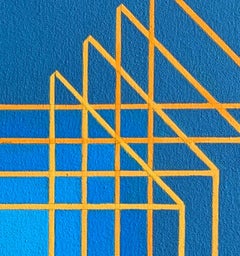 Suggested Cube #2: geometric abstract Op Art painting in blues with yellow lines