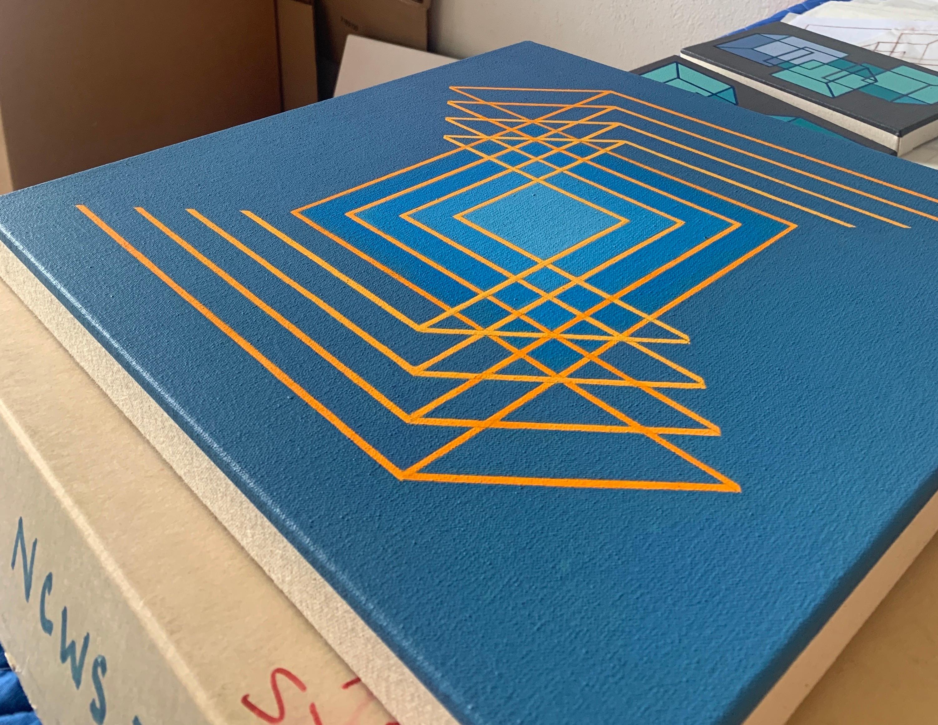 Suggested Cube #2: geometric abstract Op Art painting in blues with yellow lines - Abstract Painting by Benjamin Weaver