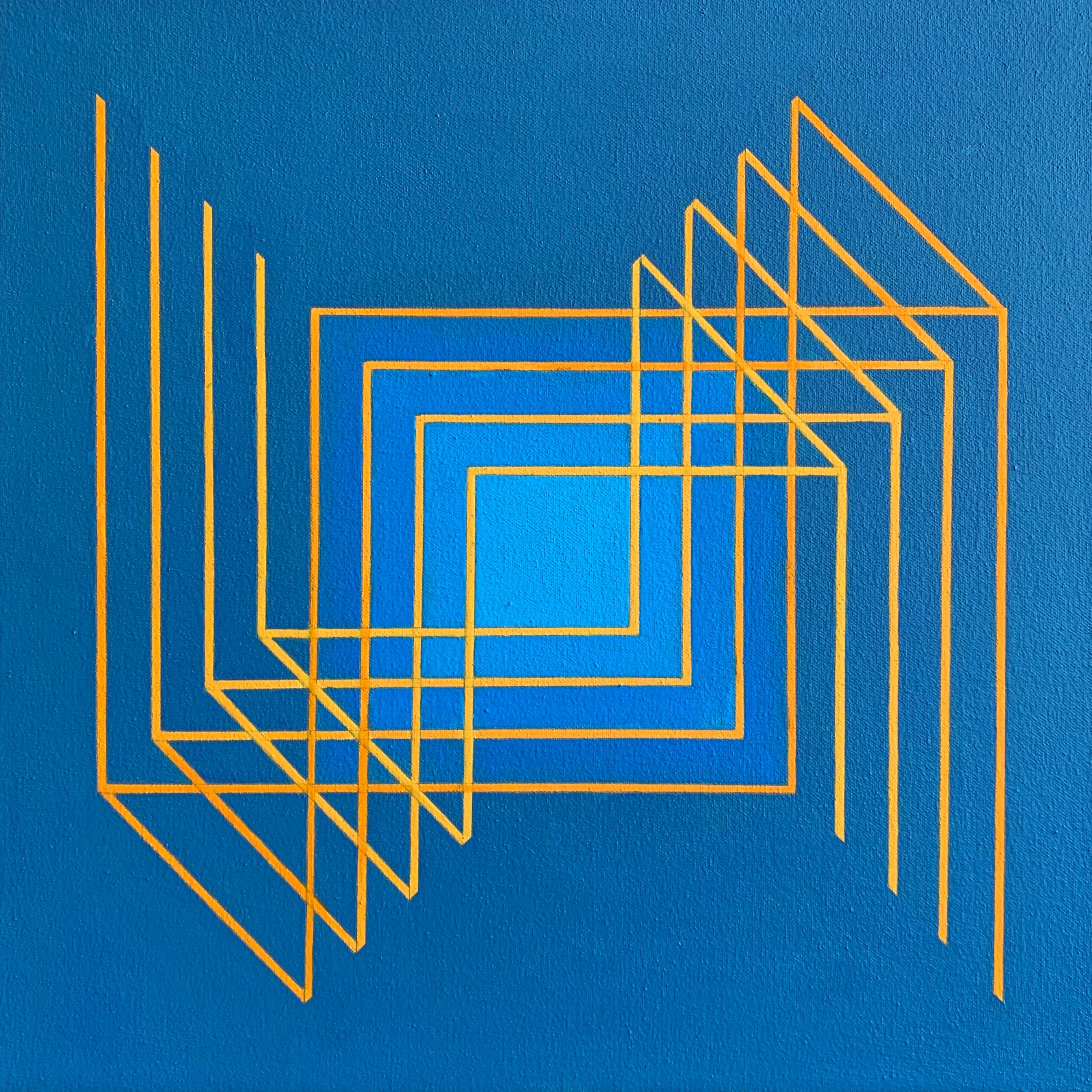 Benjamin Weaver Abstract Painting - Suggested Cube #2: geometric abstract Op Art painting in blues with yellow lines