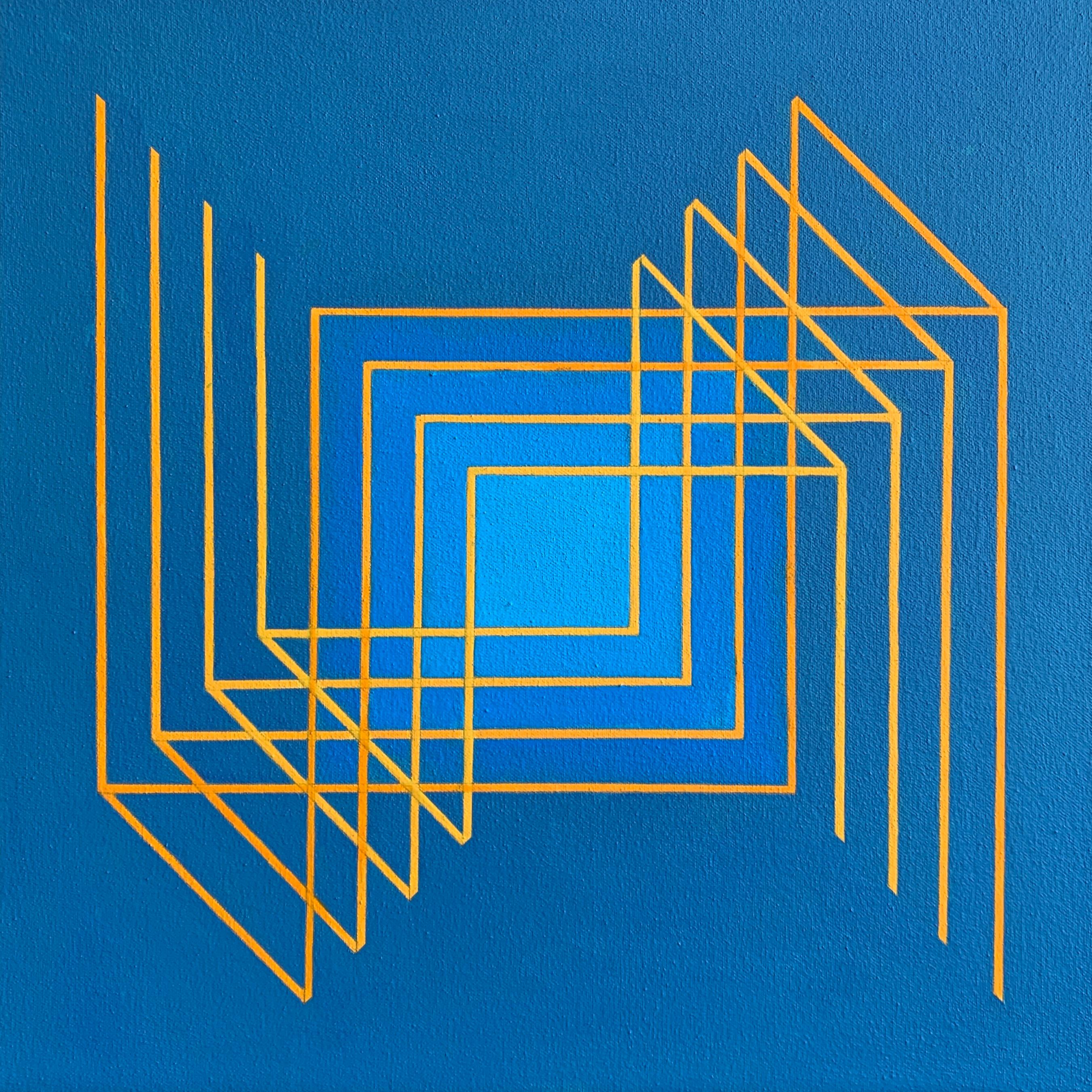 Suggested Cube #2: Geometrisches abstraktes Op-Art-Gemälde in Blau mit gelben Linien