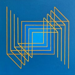 Cube suggéré n° 2 : peinture abstraite géométrique Op Art en bleu avec des lignes jaunes