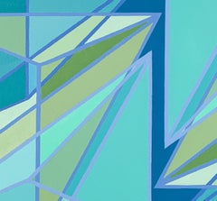 Zeitgenössisches geometrisches abstraktes Leinwandgemälde mit grünen und blauen Pyramiden und Würfeln