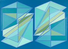 Contemporary geometric abstract canvas painting w/ green & blue pyramids & cubes