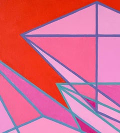 Geometric abstract Op Art Pop Art painting in orange & red w/ triangles & cubes