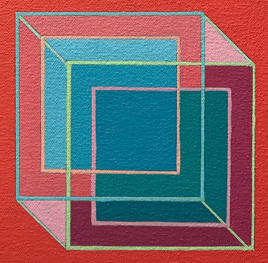 Inverse Cubes #4: geometric abstract Pop Art Op Art painting w/ green, blue, red - Painting by Benjamin Weaver