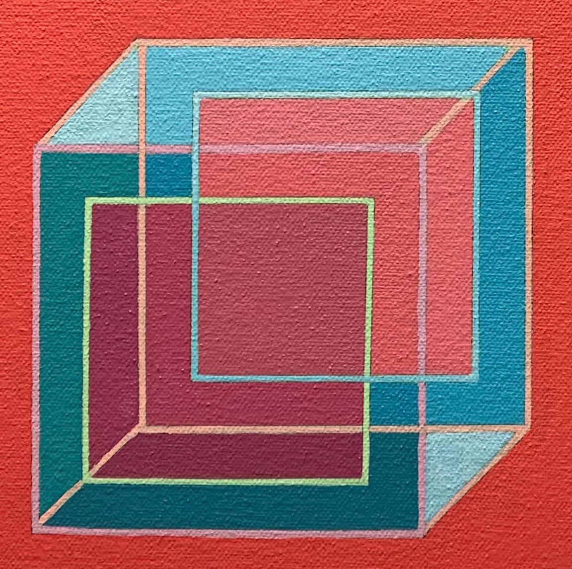 Inverse Würfel #4: geometrisches abstraktes Pop-Art-Op-Art-Gemälde in Grün, Blau, Rot (Abstrakt), Painting, von Benjamin Weaver