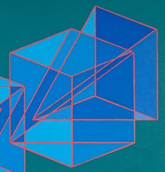 Zeitgenössisches geometrisches abstraktes Gemälde mit blauen und roten Würfeln und Pyramiden auf Grün