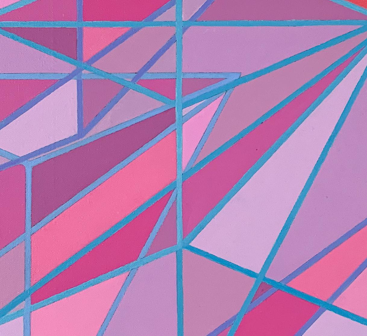 Geometric abstract Op Art Pop Art painting in pink & red w/ cubes & triangles - Painting by Benjamin Weaver