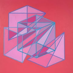 Contemporary geometric abstract painting w/ pink & purple cubes, pyramids on red