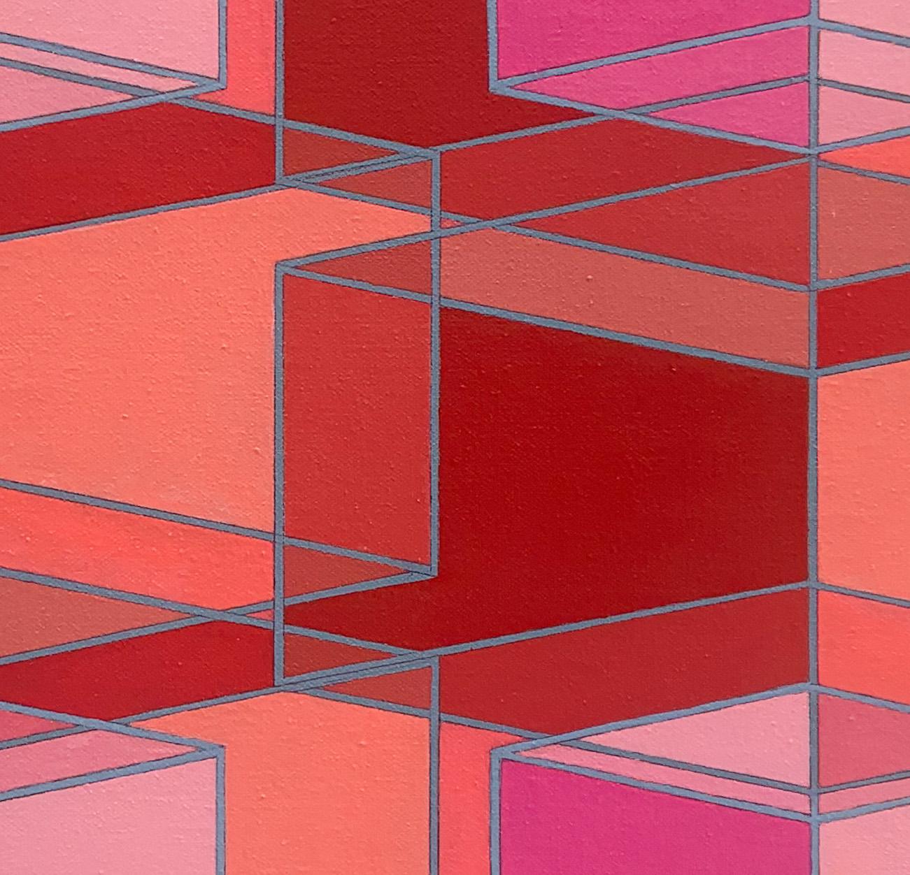 Inner/Outer Cubes #5: geometric abstract Op Art Pop Art painting w/ red & pink - Painting by Benjamin Weaver