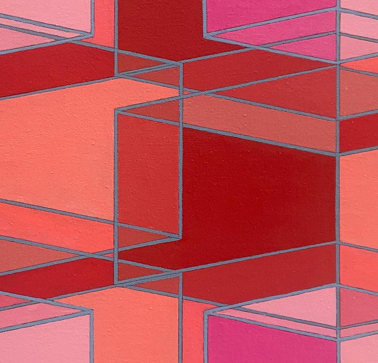 Contemporary geometric abstract Op Art painting w/ red & pink cubes on orange - Painting by Benjamin Weaver