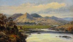 Fine 19thC. Welsh Mountain Lake Landscape Antique Oil Painting Figures by River