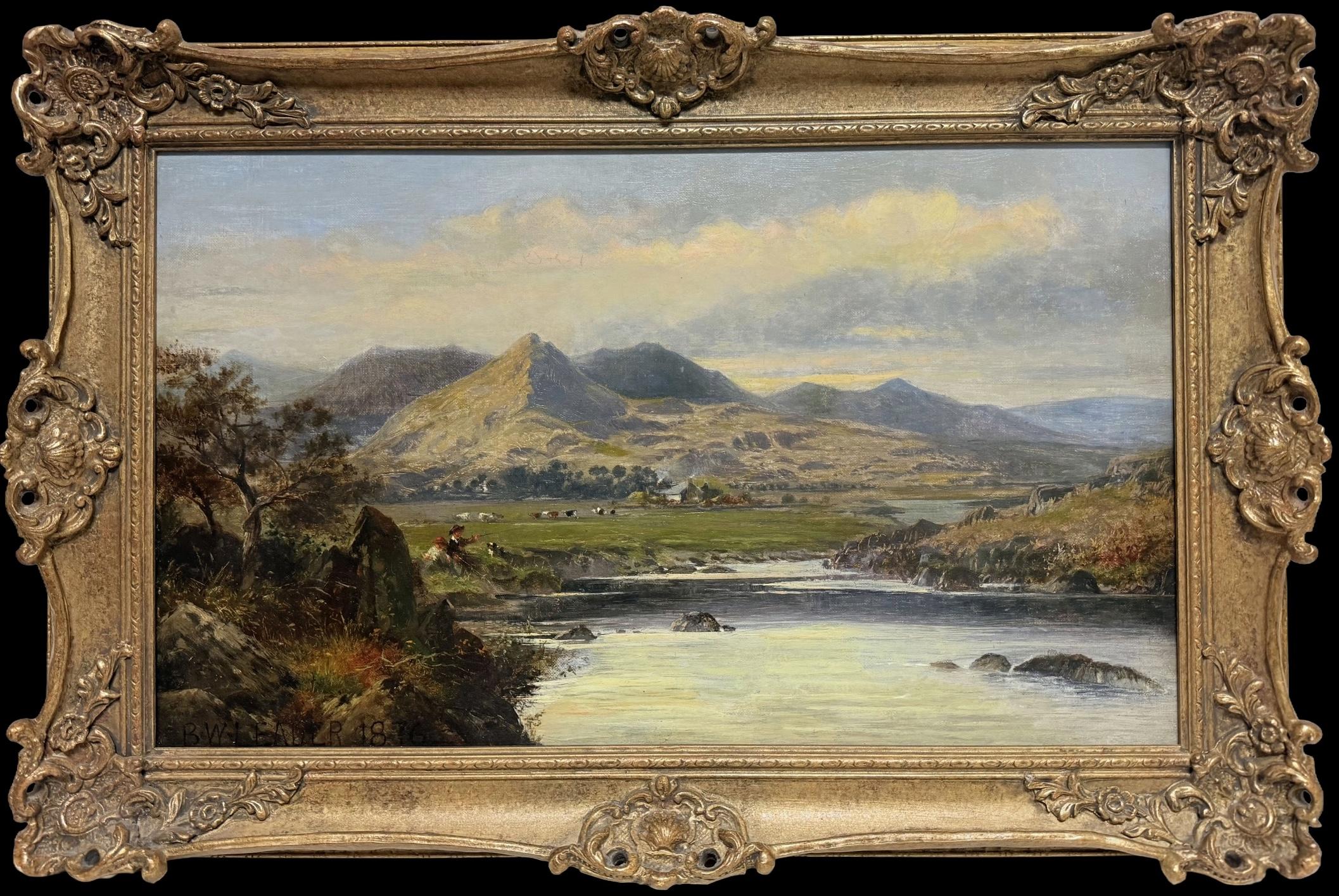 Fine 19thC. Welsh Mountain Lake Landscape Antique Oil Painting Figures by River