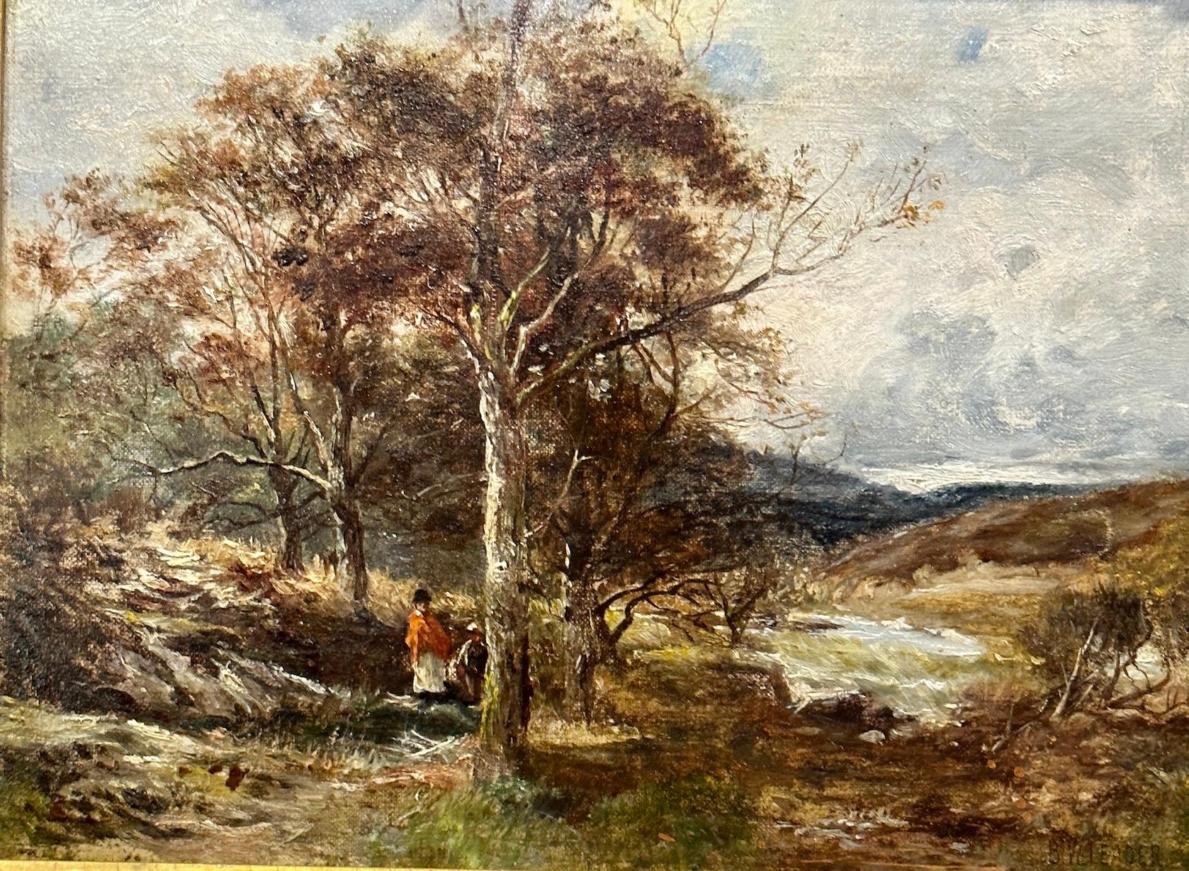 19th century Fall English landscape with figures on a path in the highlands - Painting by Benjamin Williams Leader