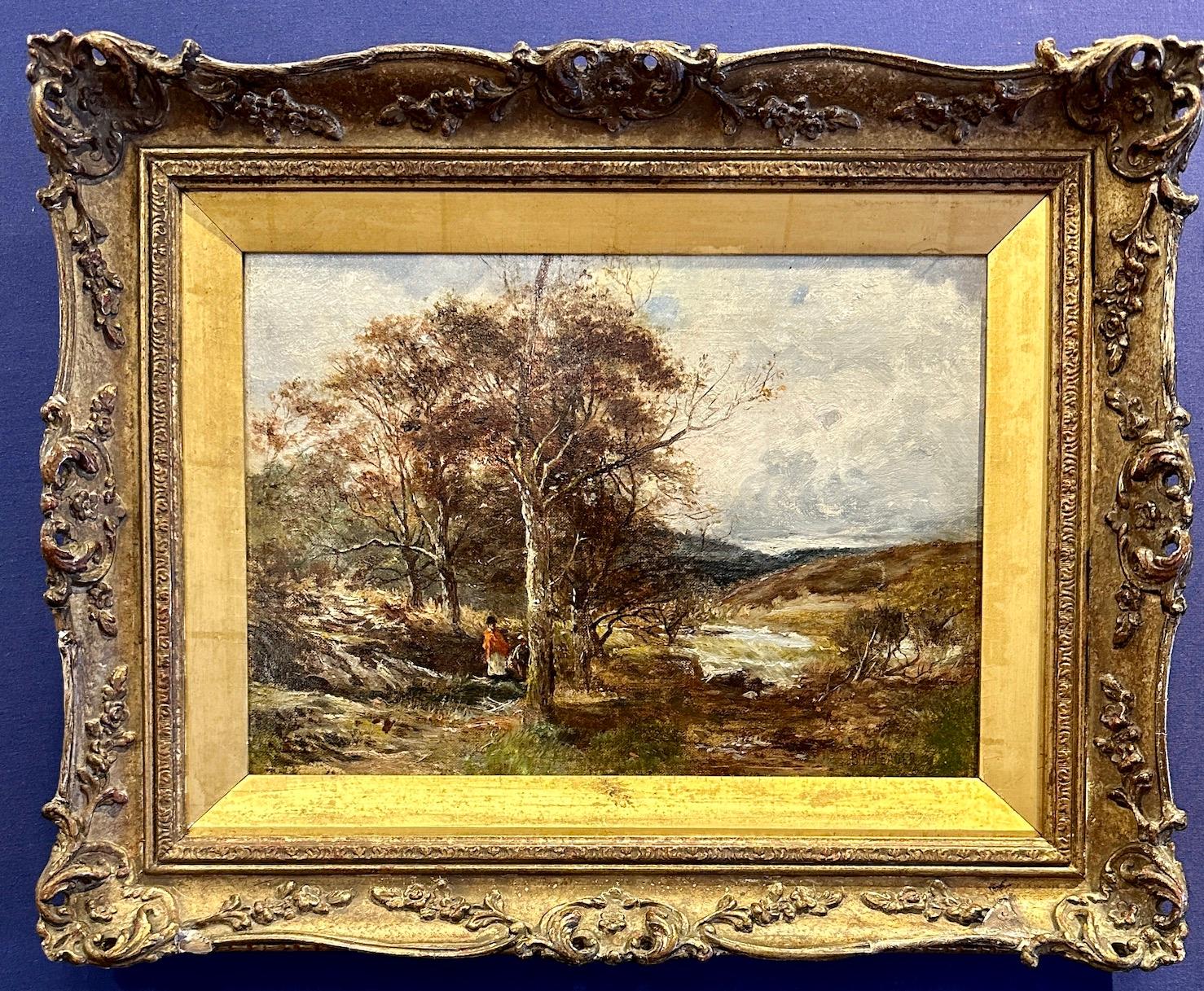 Paysage anglais d'automne du 19e siècle avec des personnages sur un chemin dans les hauts plateaux