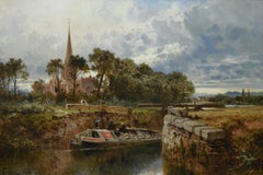 Pintura al óleo del siglo XIX que representa un barco de canal en Stratford-upon-Avon