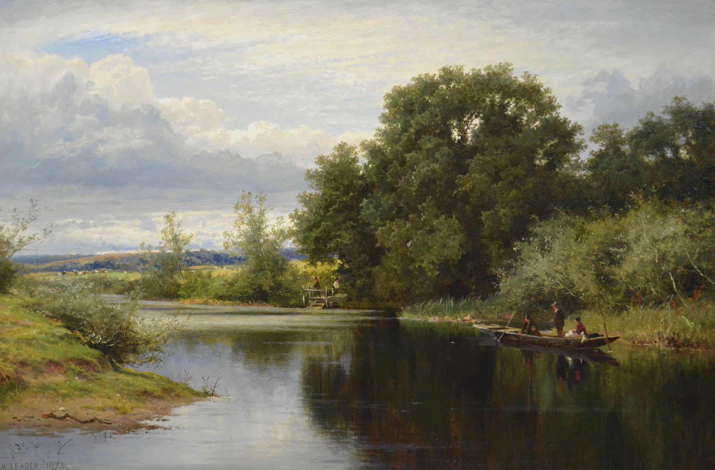 19th Century landscape oil painting of anglers fishing on the river Thames - Painting by Benjamin Williams Leader