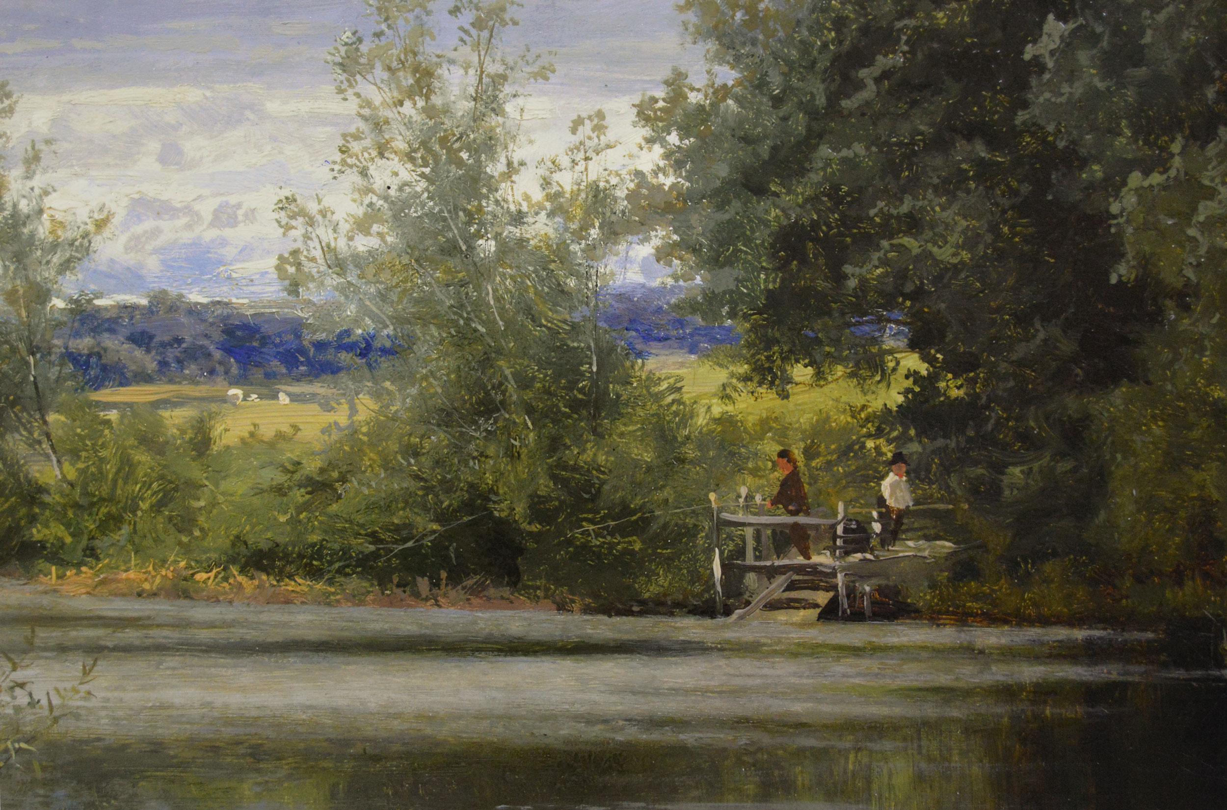 19th Century landscape oil painting of anglers fishing on the river Thames - Brown Landscape Painting by Benjamin Williams Leader