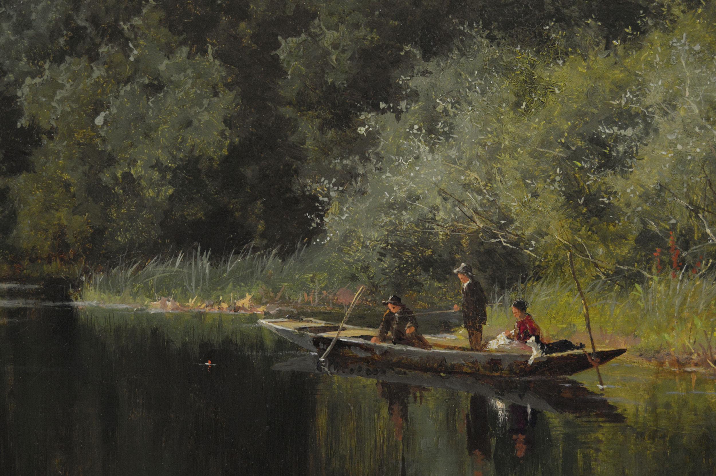19th Century landscape oil painting of anglers fishing on the river Thames - Victorian Painting by Benjamin Williams Leader