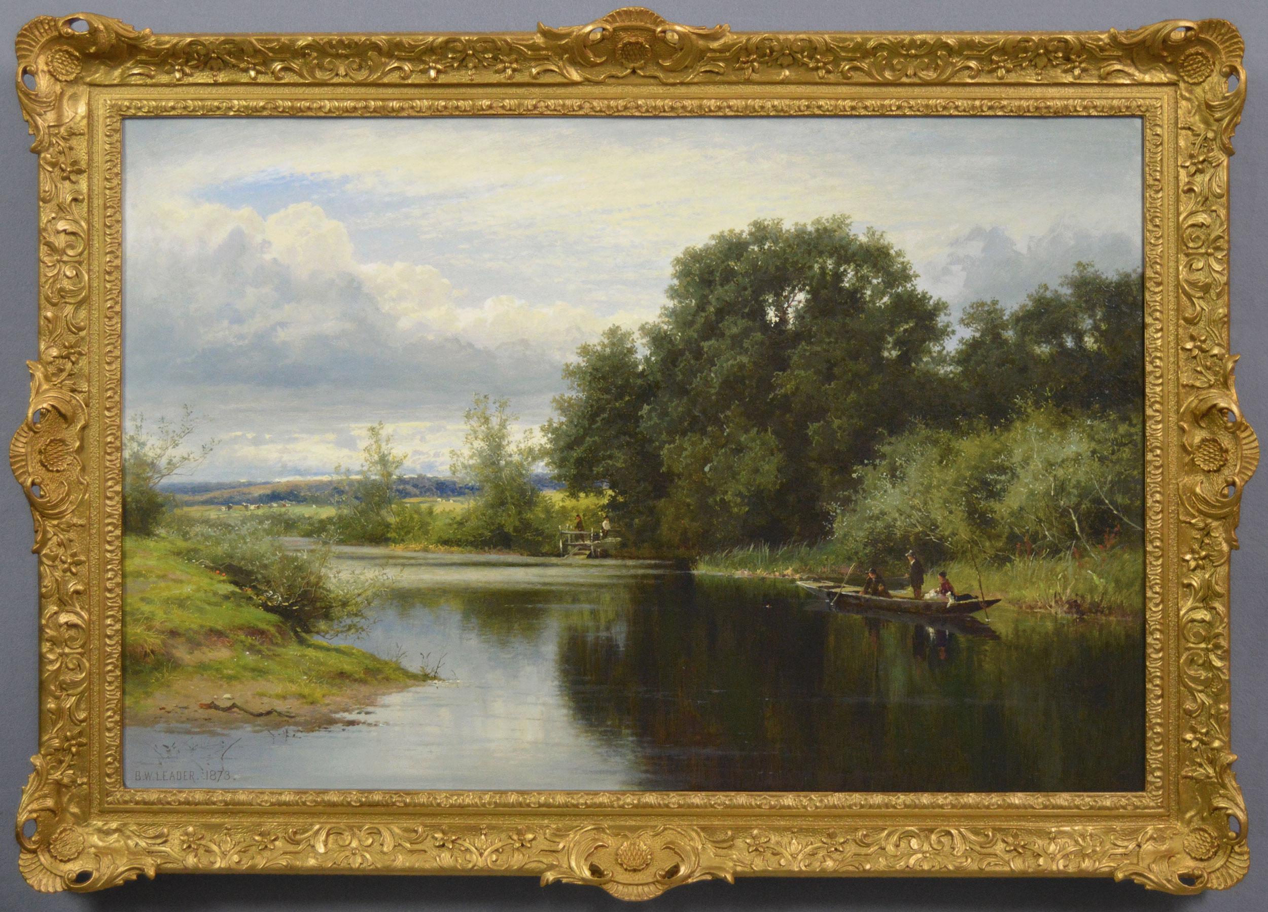 Peinture à l'huile de paysage du 19e siècle représentant des pêcheurs sur la Tamise