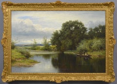Paisaje al óleo del siglo XIX de pescadores pescando en el río Támesis