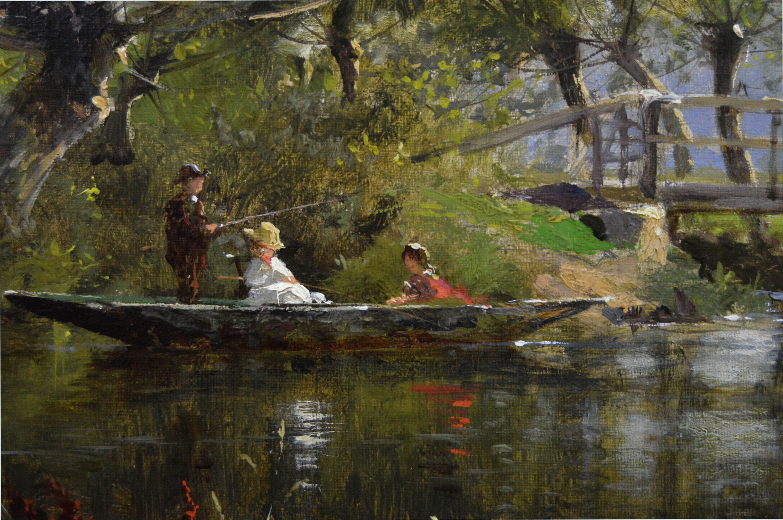 Peinture à l'huile de paysage fluvial du 19e siècle représentant la Tamise à Goring - Gris Landscape Painting par Benjamin Williams Leader