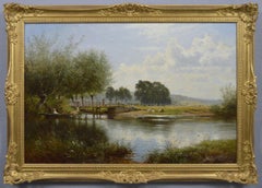 19th Century river landscape oil painting of the Thames at Goring