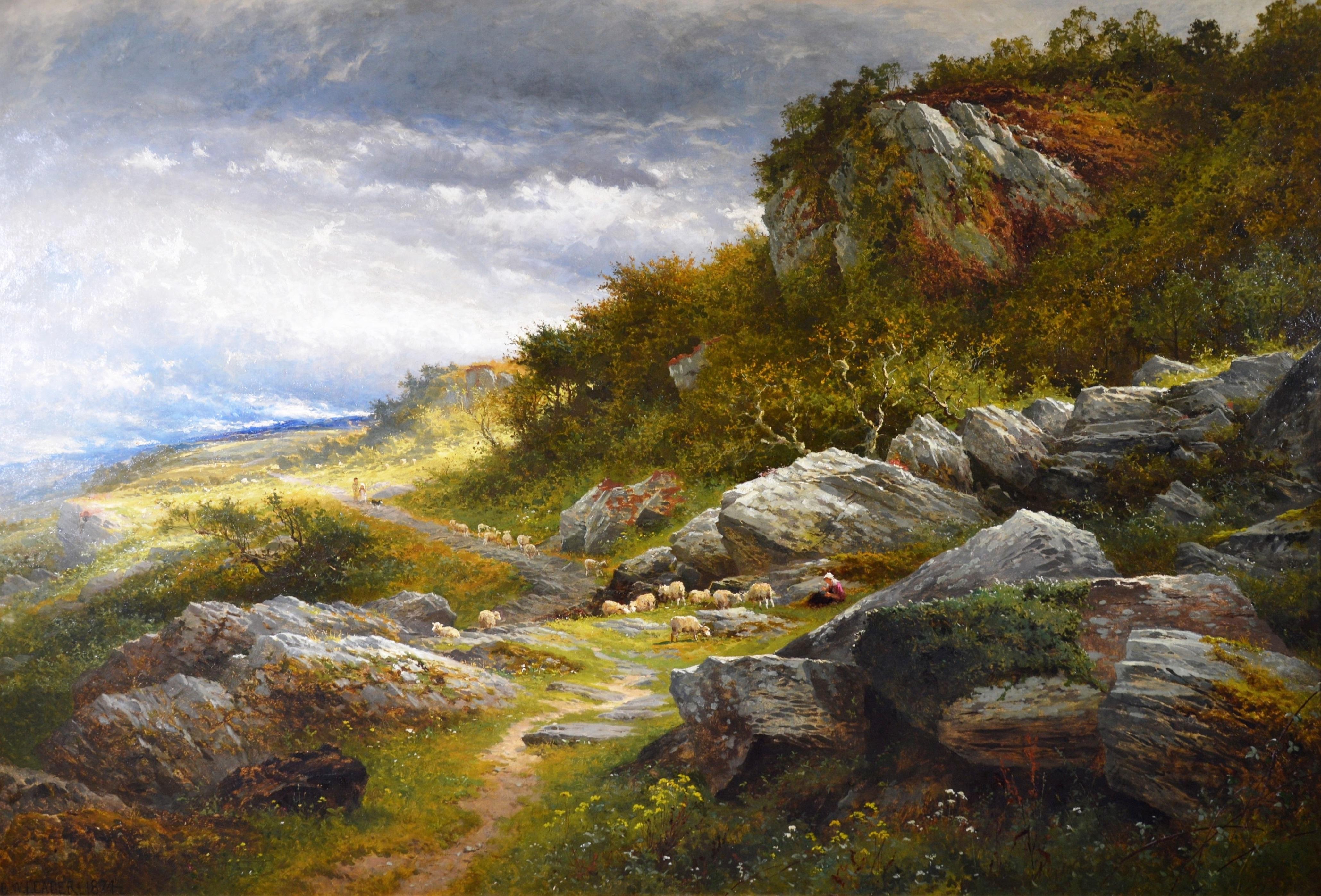 A Welsh Hillside Path - Huge 19th Century Royal Academy Oil Painting 1867 - Brown Animal Painting by Benjamin Williams Leader