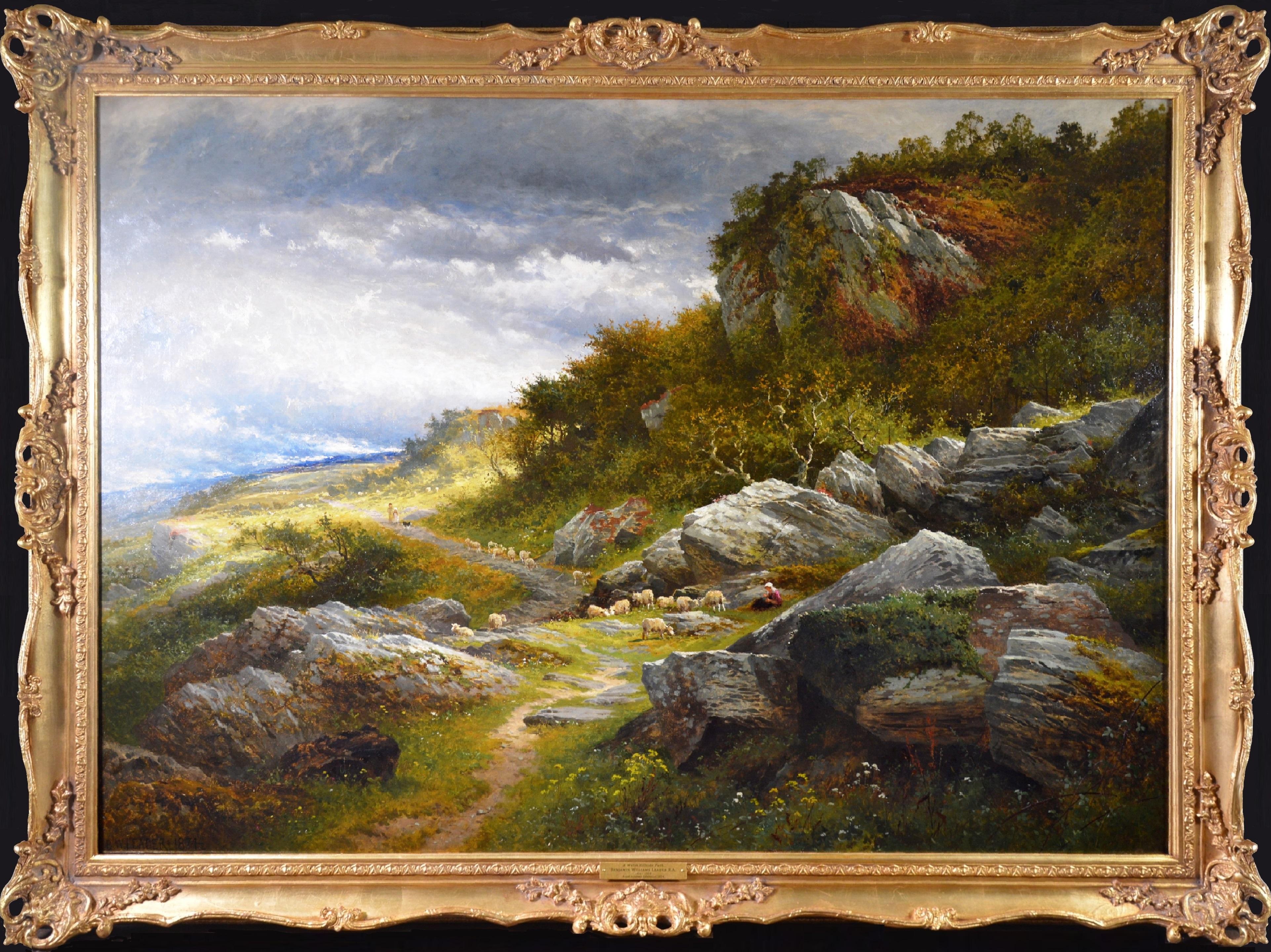 Benjamin Williams Leader Animal Painting - A Welsh Hillside Path - Huge 19th Century Royal Academy Oil Painting 1867