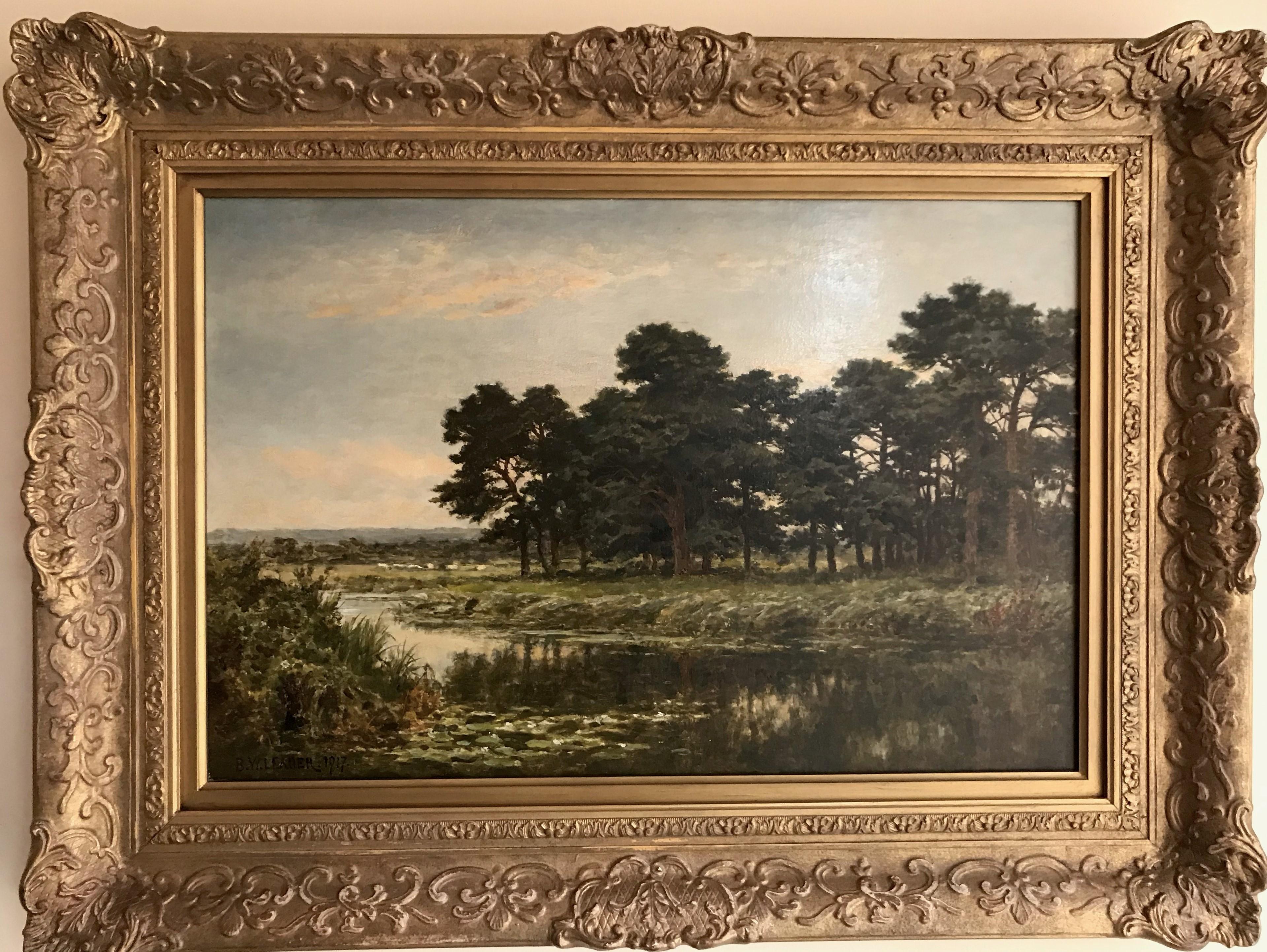 Oil  on canvas and framed and signed lower left and dated 1917.    23" x 31" and canvas size:  15.5" x 23.5"

Bio:  
Photo of Benjamin Williams Leader
Benjamin Williams Leader RA (12 March 1831 - 22 March 1923) was an English landscape painter.