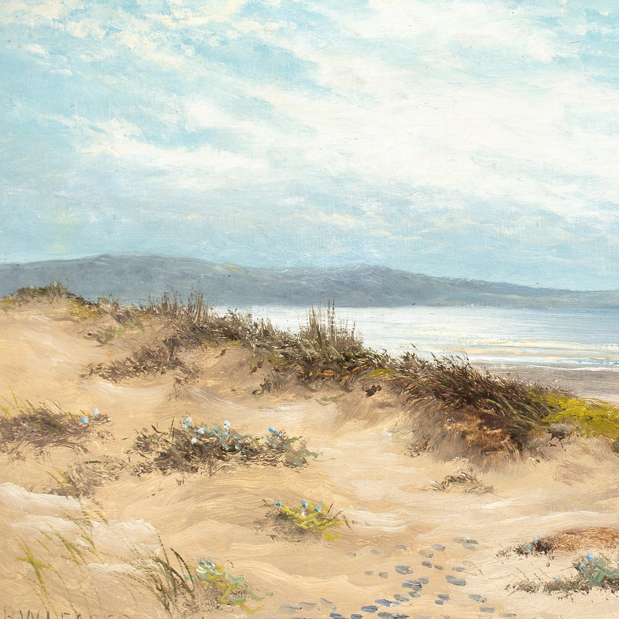 Benjamin Williams Leader RA, Vista costiera con dune di sabbia, pittura ad olio antica 2