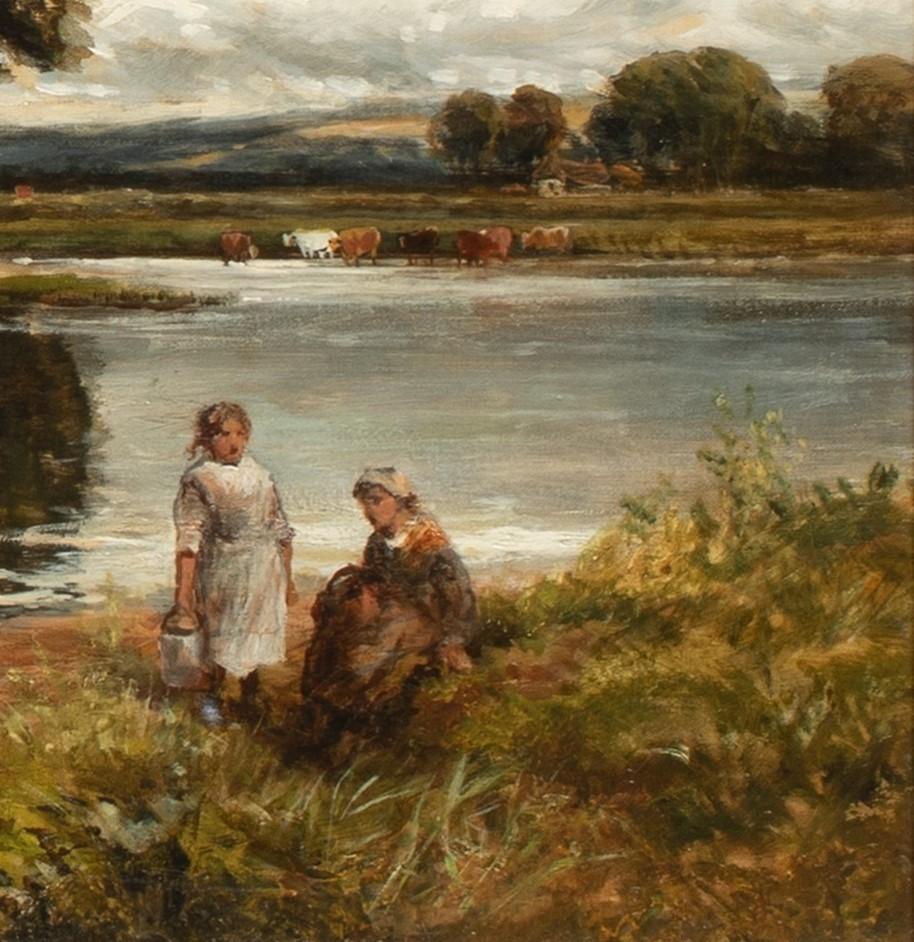 Cattle & Maids In A River Landscape, 19th Century  - Brown Landscape Painting by Benjamin Williams Leader