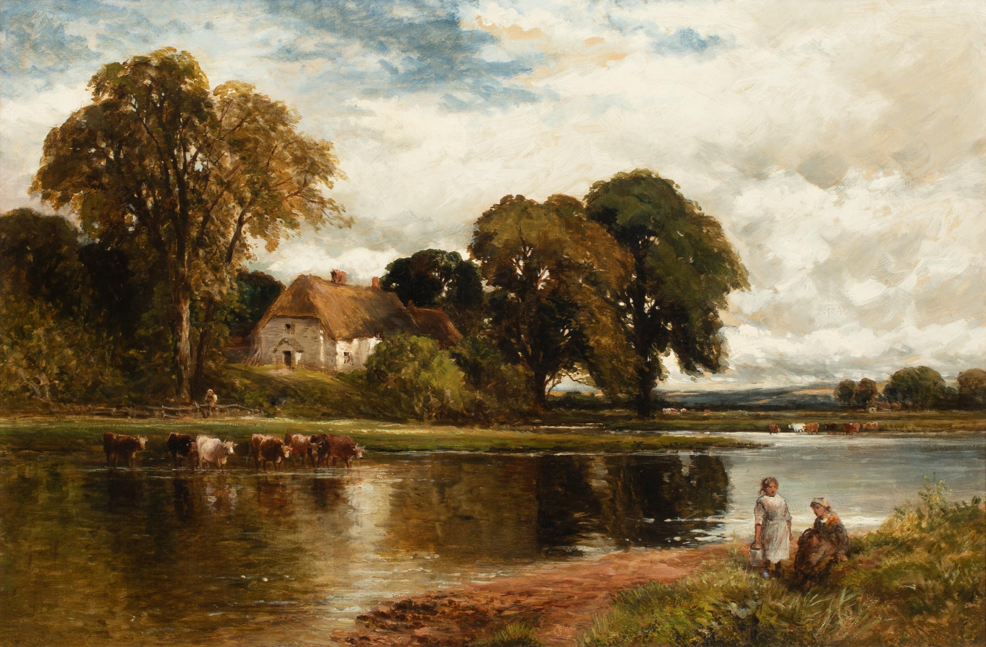 Cattle & Maids In A River Landscape, 19th Century 

circle of Benjamin Williams LEADER (1831-1923)

Huge 19th Century English School scene of young maid and cattle watering in a country river landscape, oil on canvas. Extensive view from the water's