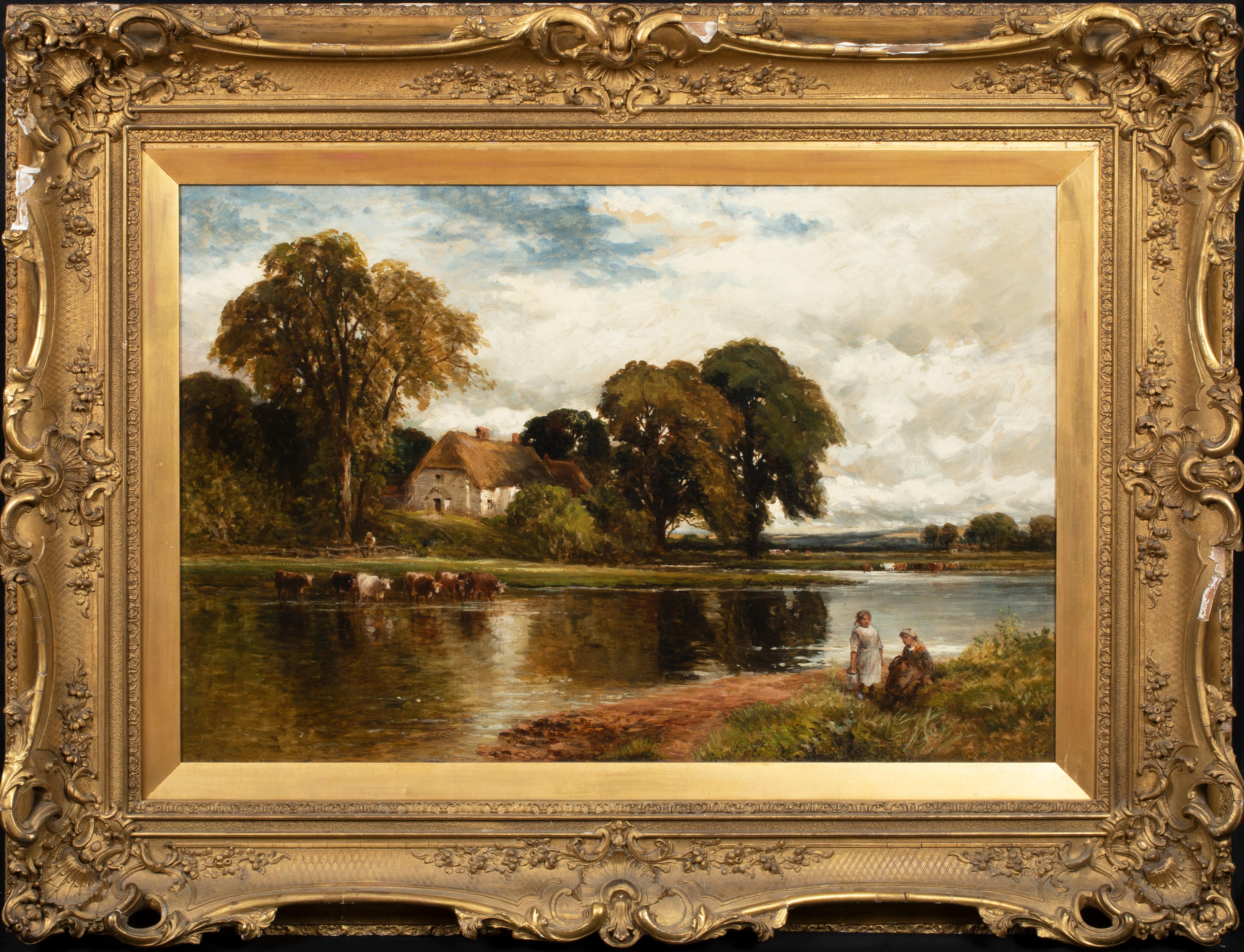 Benjamin Williams Leader Landscape Painting - Cattle & Maids In A River Landscape, 19th Century 