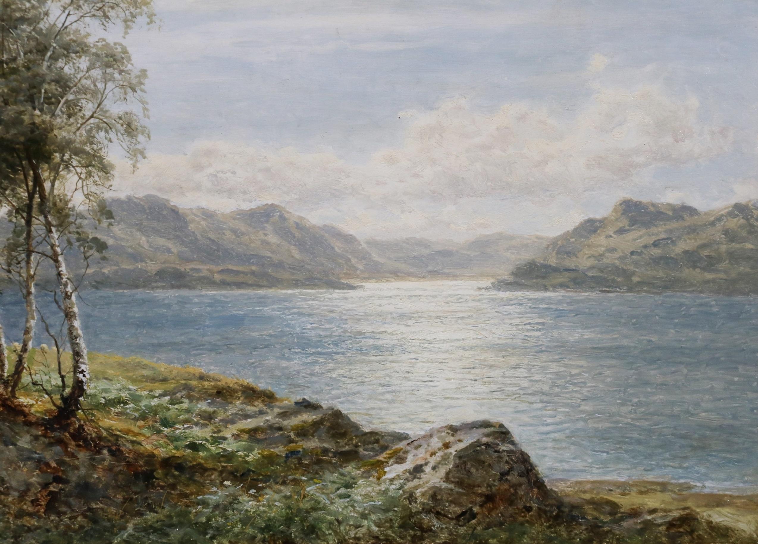 Derwentwater - Pintura al óleo eduardiana Paisaje del Distrito de los Lagos Williams Leader 1