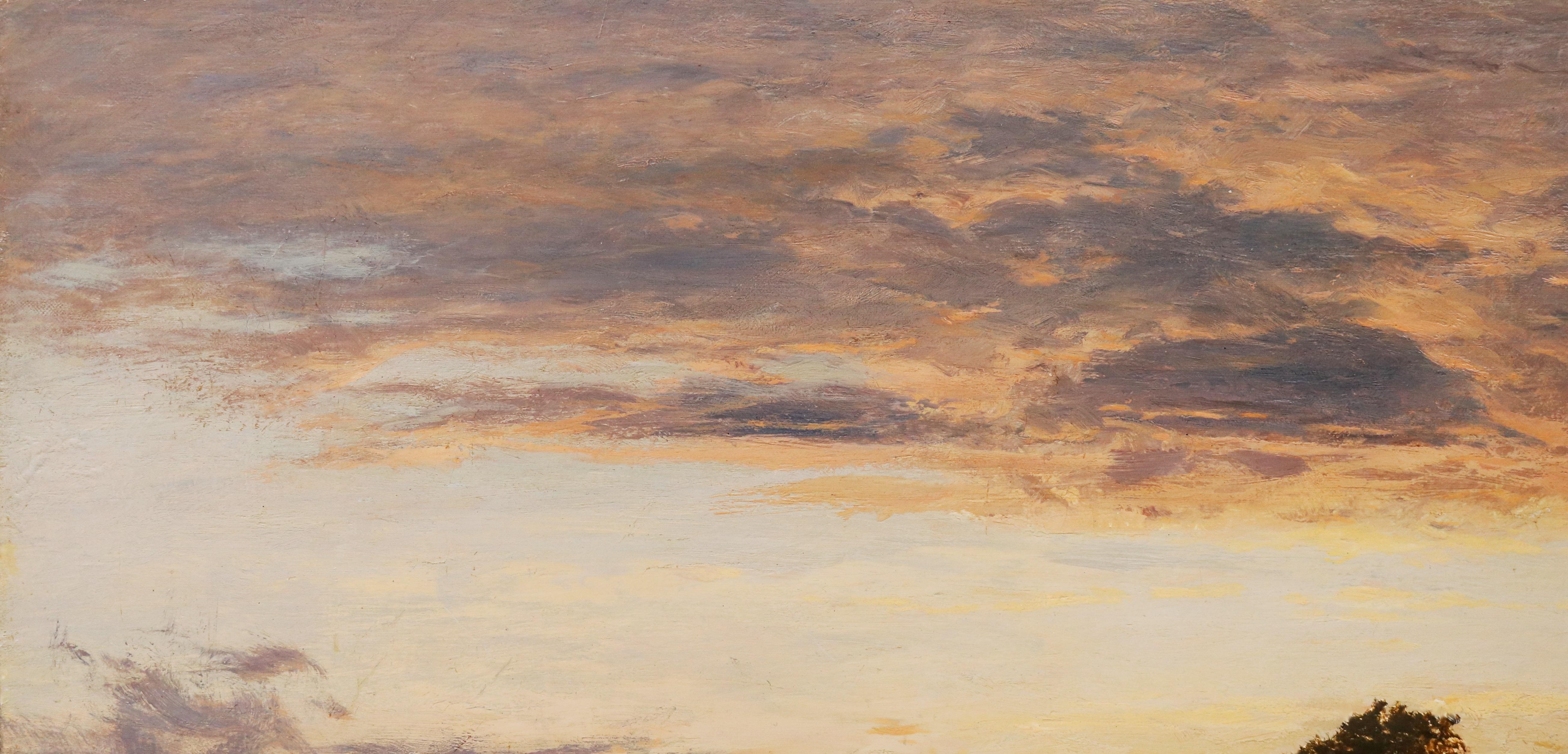 ‘Evening Glow’ by Benjamin Williams Leader (1831-1923). The painting – which depicts a dramatic sunset over an extensive Worcestershire country landscape - is signed by the artist and dated 1893. It is presented in a fine quality gold metal leaf