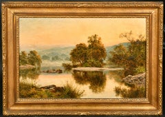 Fine Victorian Oil Painting Sunset over River Landscape, Listed British Artist