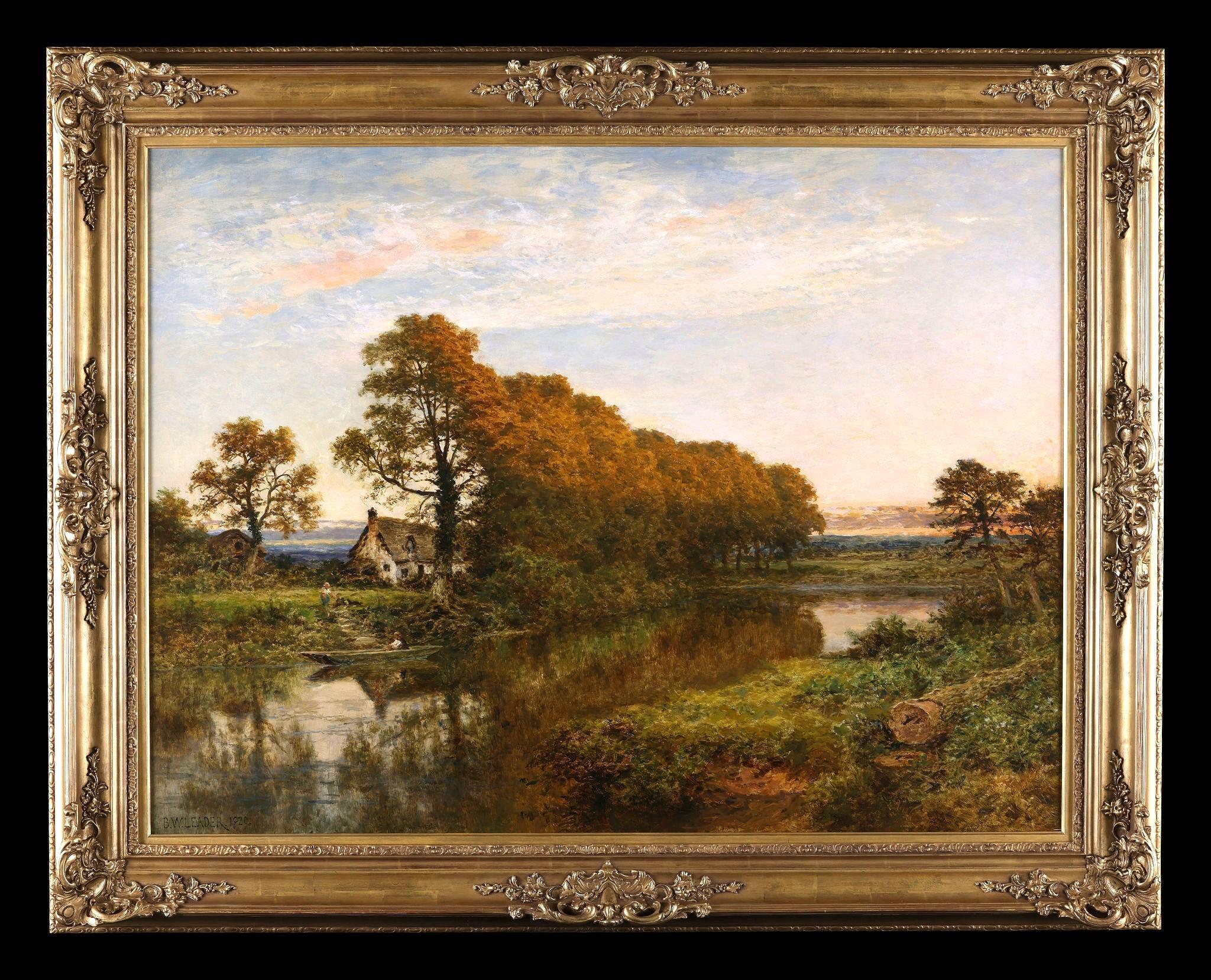 Gerahmtes antikes Ölgemälde aus dem 19. Jahrhundert mit dem Titel „Eine Flusslandschaft“ von B. W. Leader