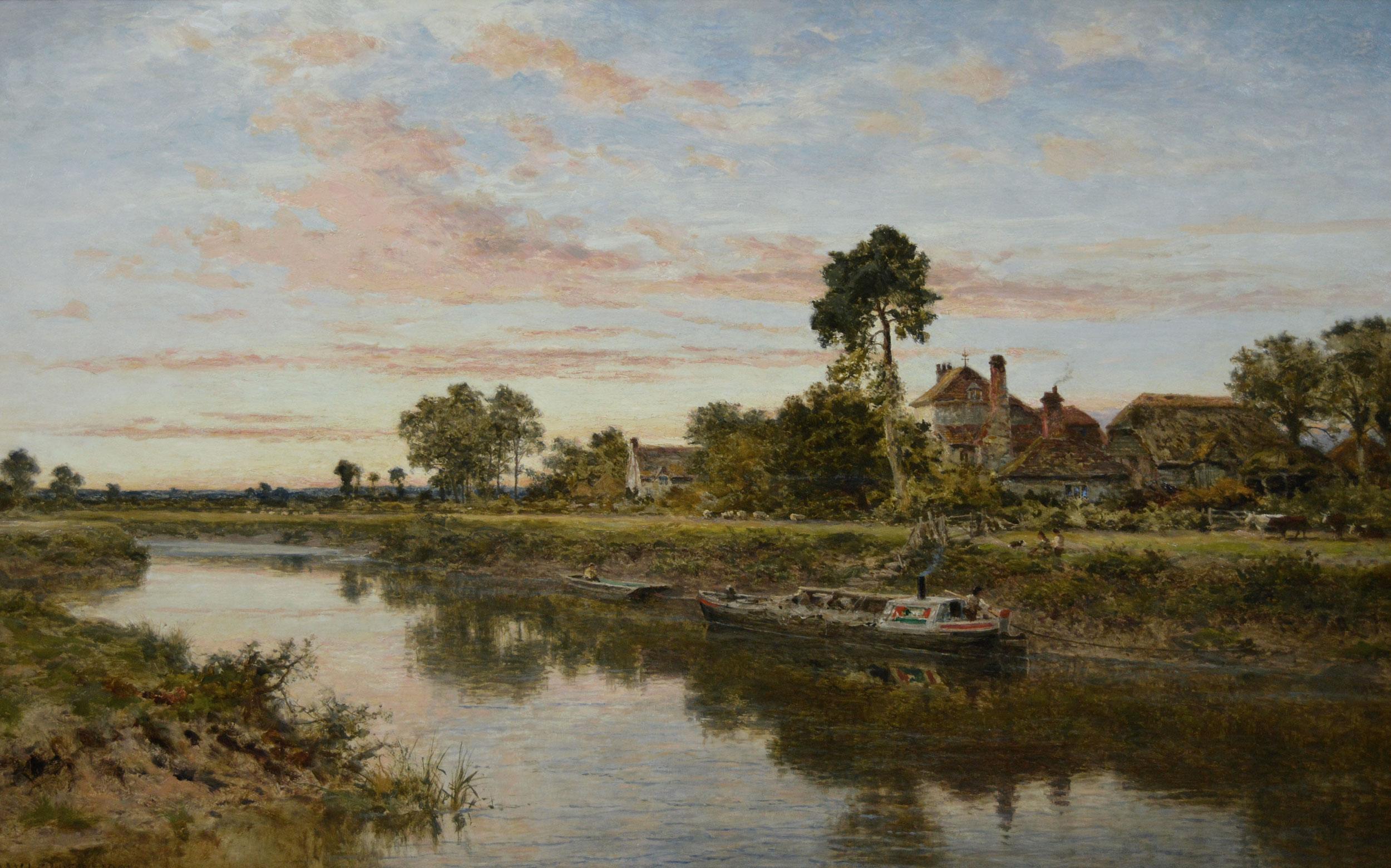 Peinture à l'huile d'un paysage de bateaux sur la rivière Severn - Painting de Benjamin Williams Leader