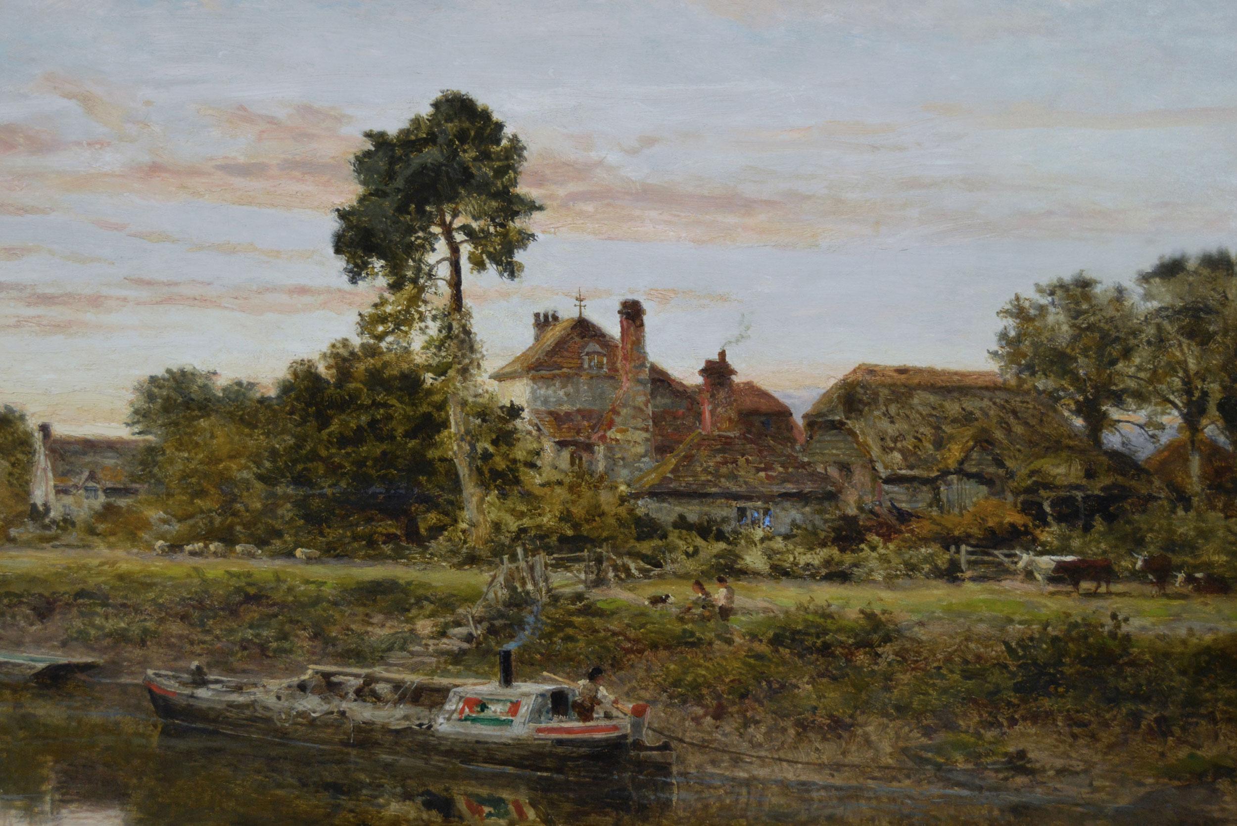 Peinture à l'huile d'un paysage de bateaux sur la rivière Severn - Marron Landscape Painting par Benjamin Williams Leader
