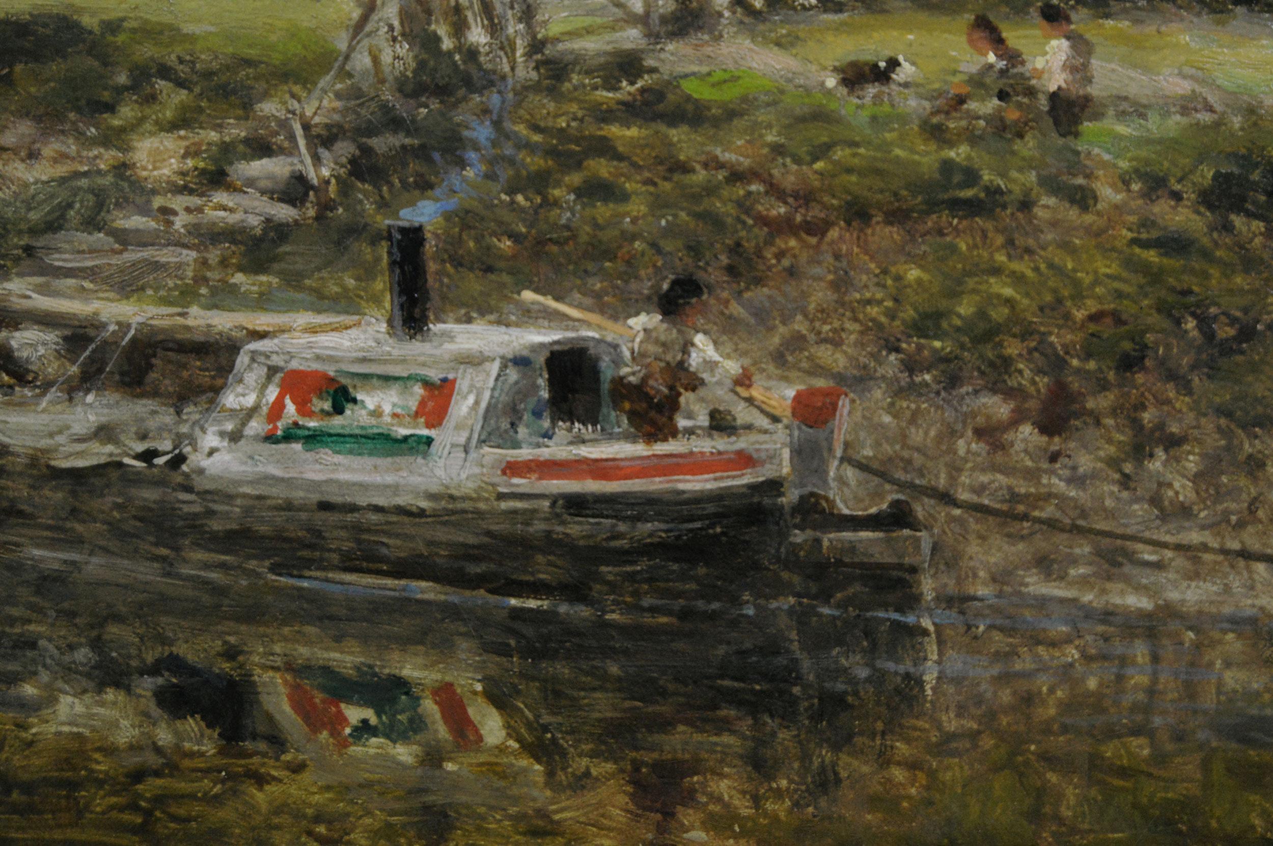 Peinture à l'huile d'un paysage de bateaux sur la rivière Severn en vente 1