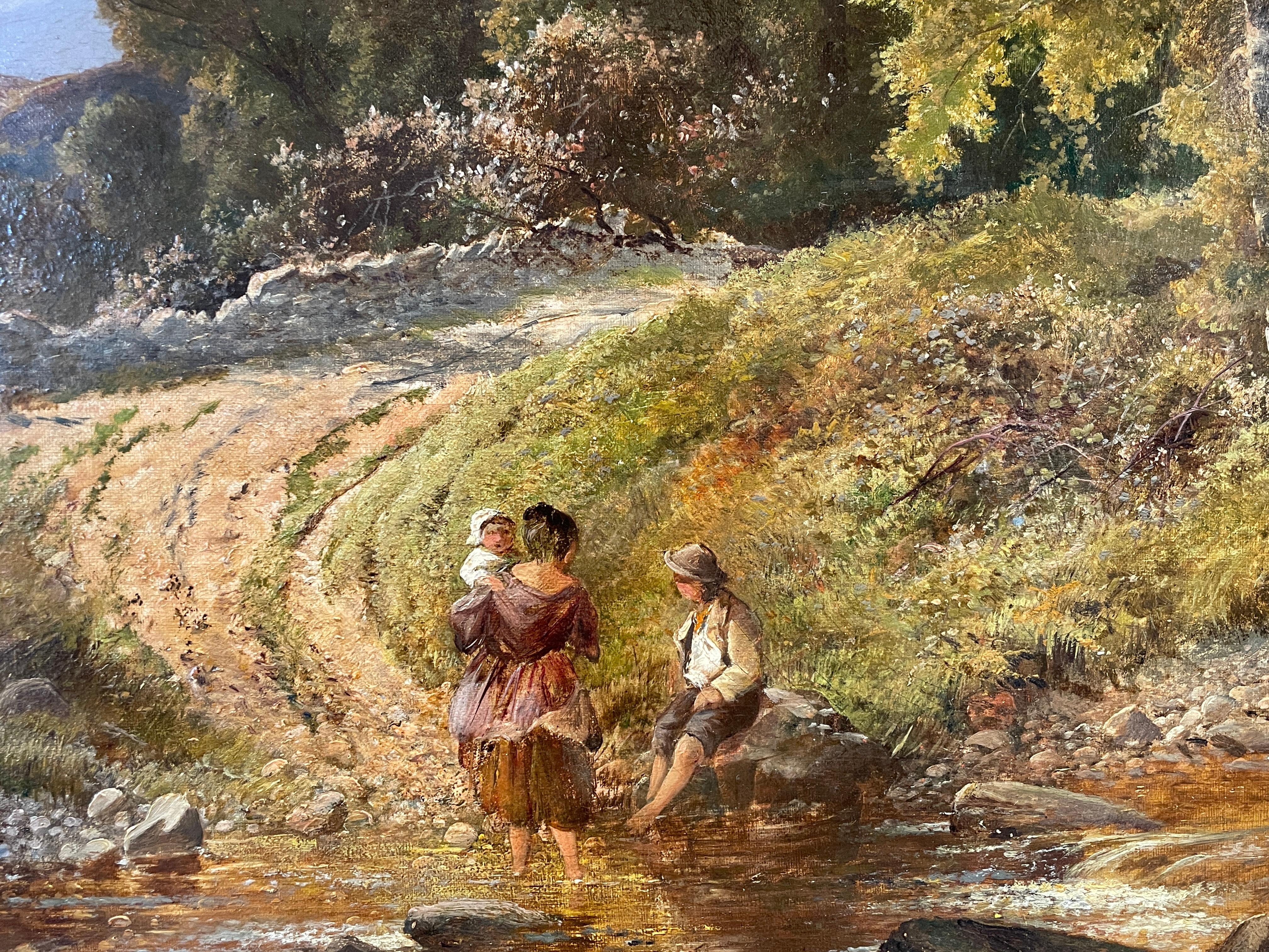 'Wading in the River' by Benjamin Williams Leader. A 19th century landscape painting of figures and baby wading in a river. Surrounded by lush greenery. This highly detailed painting by this notorious 19th century artist is a brilliant example of