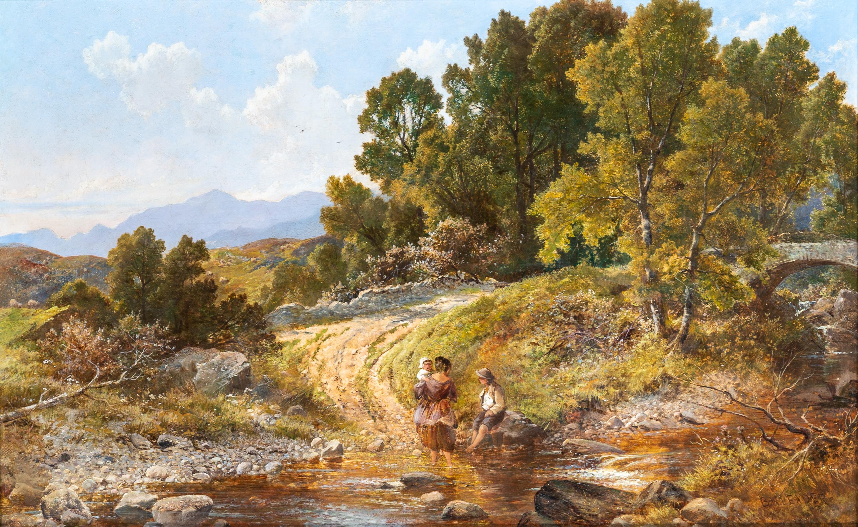 'Wading in the River' 19th century landscape painting of figures, greenery - Painting by Benjamin Williams Leader