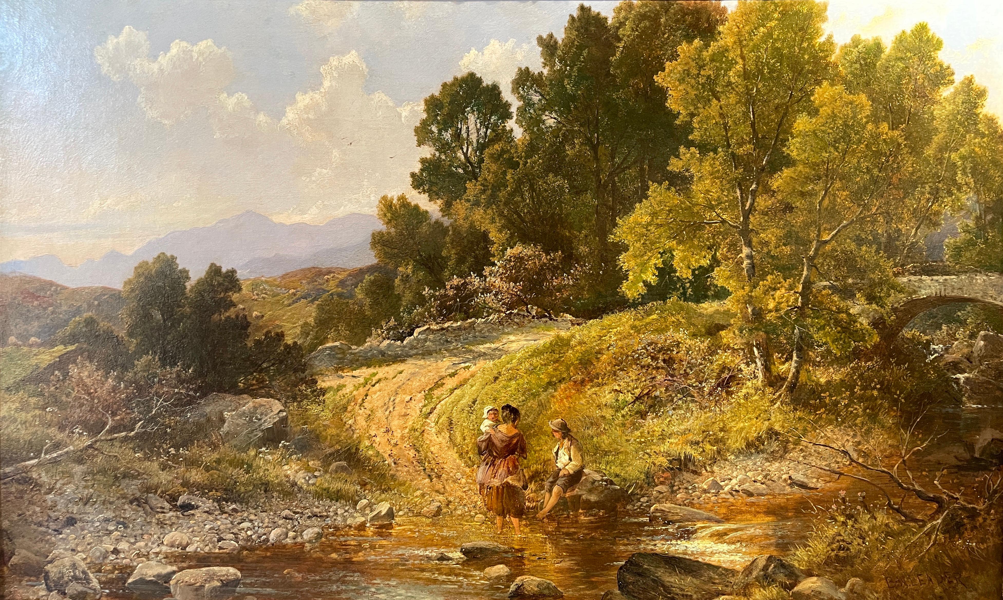 'Wading in the River' 19th century landscape painting of figures, greenery For Sale 1