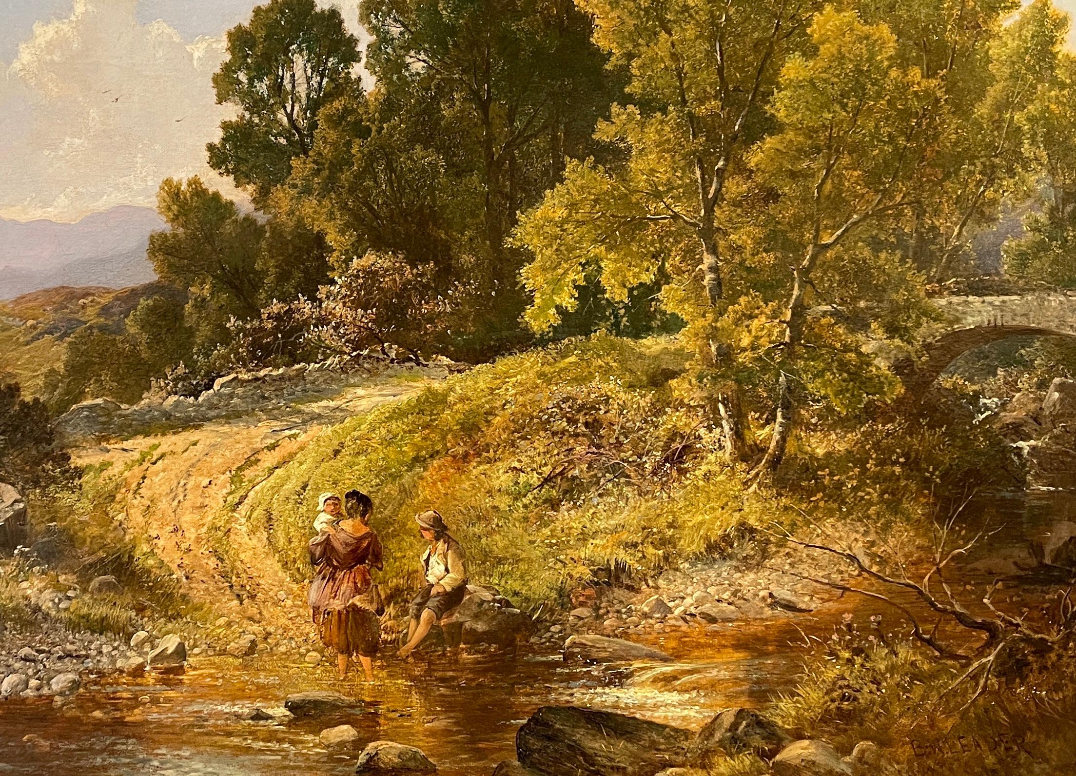 'Wading in the River' 19th century landscape painting of figures, greenery For Sale 2