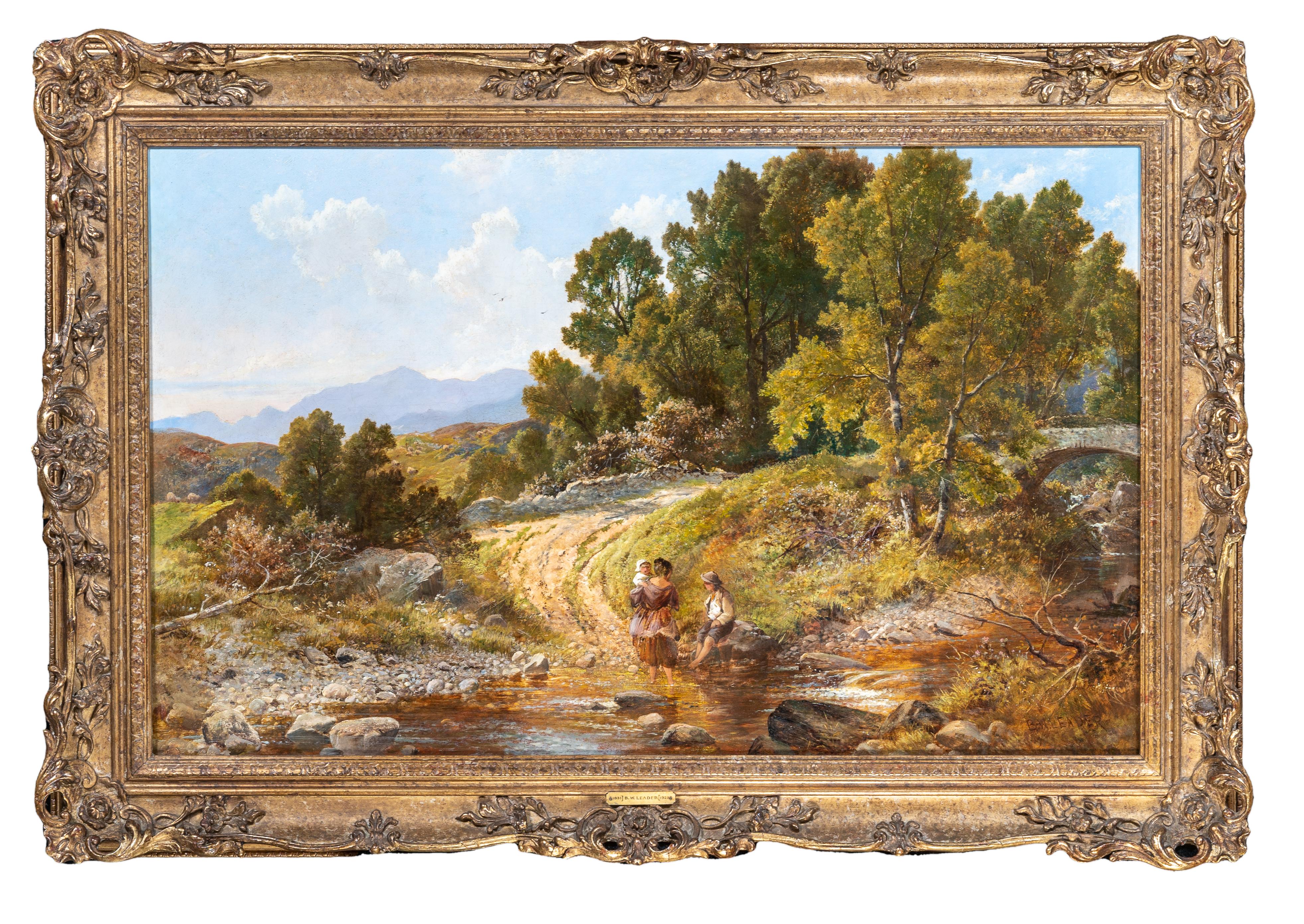 Benjamin Williams Leader Landscape Painting - 'Wading in the River' 19th century landscape painting of figures, greenery