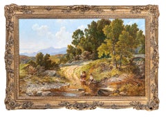 'Wading in the River' 19th century landscape painting of figures, greenery