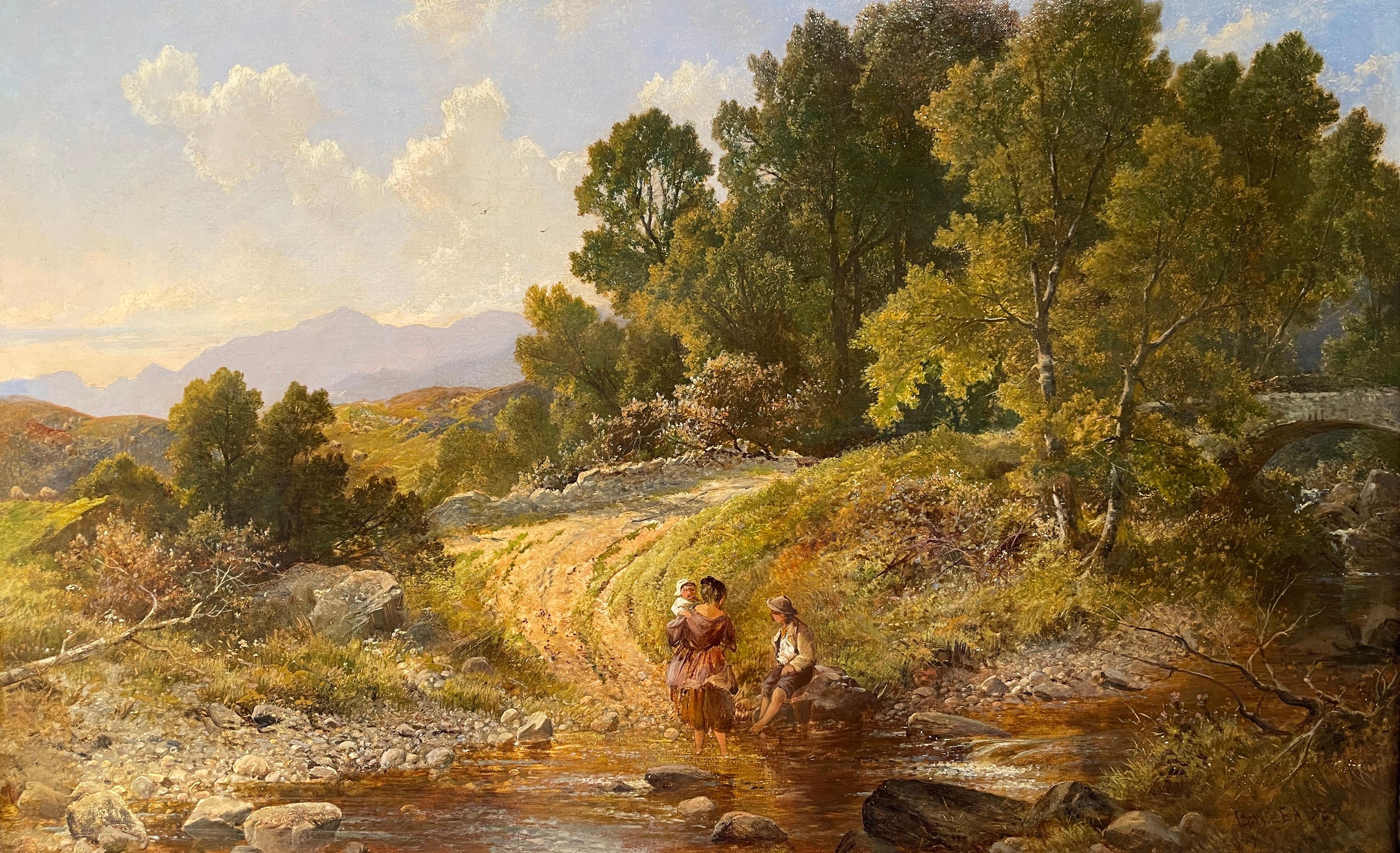 Waten im Fluss Viktorianische Landschaftsmalerei Figurativ, Englische Landschaft im Angebot 1