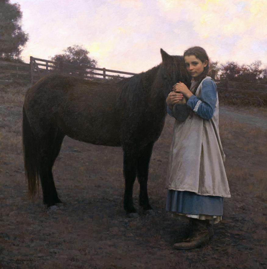 Girl And Her Pony - Realist Painting by Benjamin Wu
